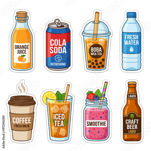 Assorted colorful drink stickers on white background.