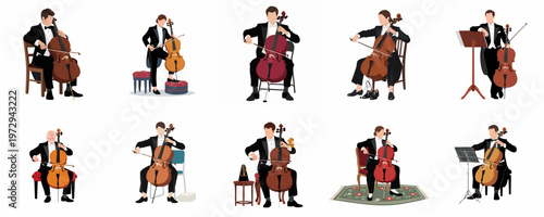 Set of illustrations featuring professional male cellists performing and posing with their instruments in formal attire against a white background.