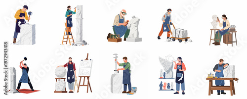 Flat vector illustration set showing male and female sculptors carving marble, sanding statues, and working with stone in an art studio.