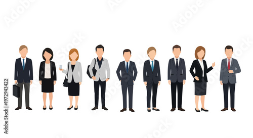 Diverse Group of Professional Business People Standing in a Row. Flat Vector Illustration of Men and Women in Suits and Formal Office Wear on White Background.