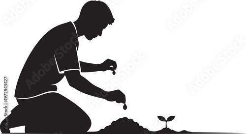 Man planting seedling in soil person silhouette black