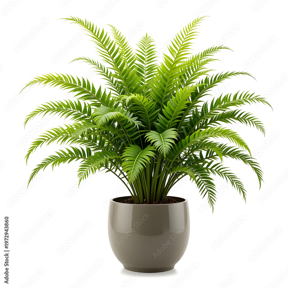 Obraz premium Healthy green fern plant in a glossy grey pot on a Icon white background potted plant foliage