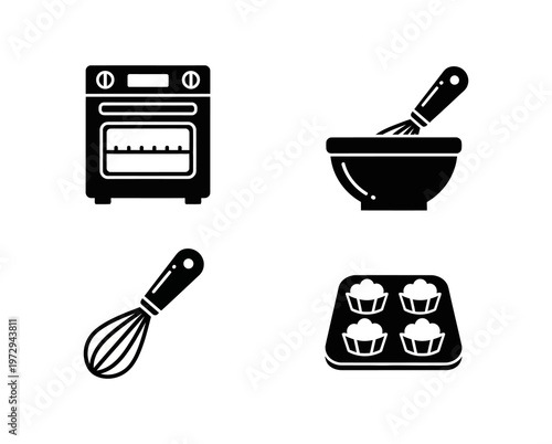 Essential culinary tools and equipment for home baking, preparing delicious sweets and treats with an oven, whisk, and muffin pan, ideal for cooking projects and dessert creation