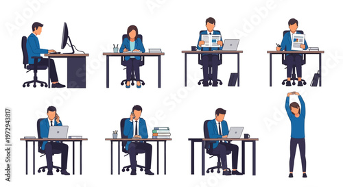 Flat vector illustration of office workers at desks performing various tasks like typing on laptops, talking on phones, reading documents, and stretching work.