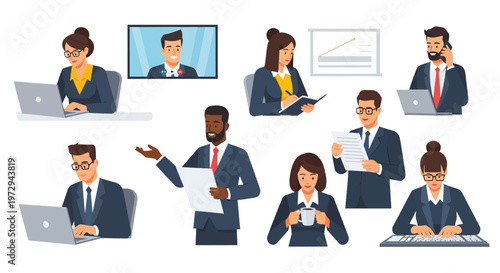 Professional Diverse Business People Office Work Vector Illustration Set Featuring Characters Using Laptops, Video Conferencing, and Corporate Communication.