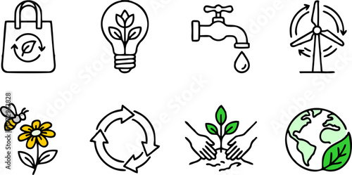 A set of eight high-quality linear icons focused on environmental sustainability and eco-friendly living. The collection features clean black outlines with subtle green, yellow, and blue color accents