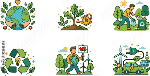Earth Day IcA set of six vibrant, detailed hand-drawn style illustrations focused on environmental conservation and ecology. The collection features characters and symbols promoting a green lons 3.eps