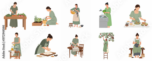 Set of illustrations depicting a woman engaged in various rustic activities like cooking, gardening, and harvesting in a minimalist flat design style.