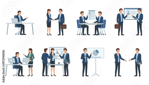 Professional flat vector illustration set featuring business people in office situations like job interviews, handshakes, presentations, and teamwork scenes.