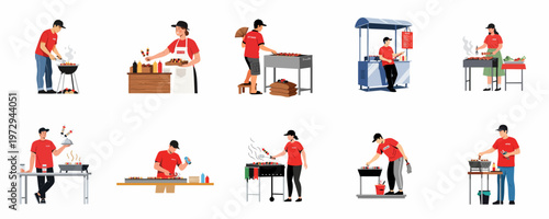 Flat vector collection of diverse street food vendors in red uniforms grilling and serving various BBQ skewers at stalls, isolated on white background.