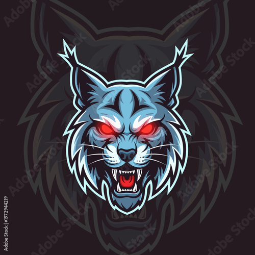 Furious blue wolf head with red eyes and sharp teeth on dark background