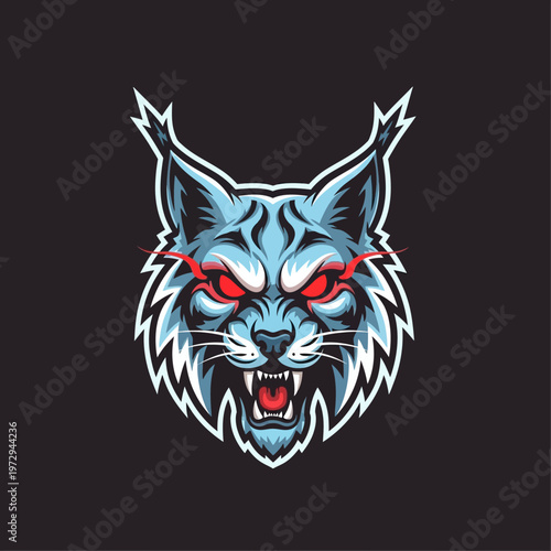 Furious blue wolf head with red eyes and sharp teeth on black background
