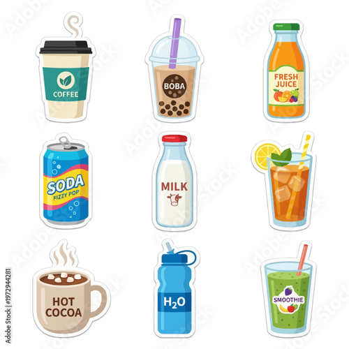 Colorful illustrations of popular beverage icons.