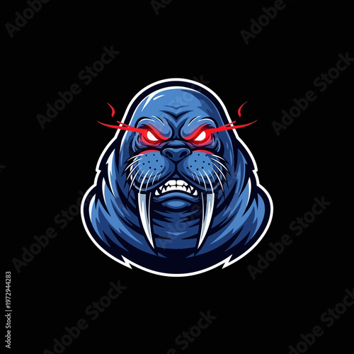 angry blue walrus head with red eyes and sharp teeth on black background