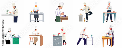 Set of diverse professional chefs preparing and garnishing gourmet dishes in a flat illustration style.