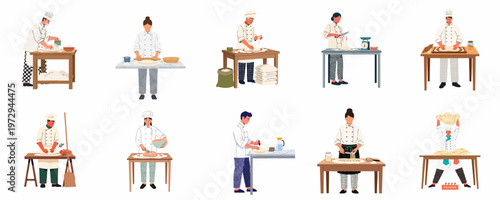 Collection of diverse chefs and bakers working with dough, kneading, rolling, and preparing bread and pastries on wooden tables in a professional kitchen.