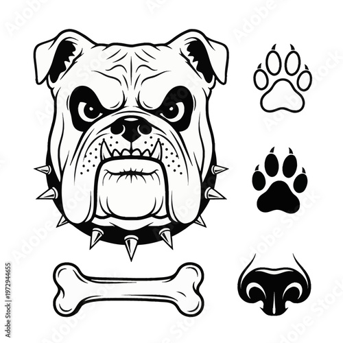 Black and white vector illustration of an English bulldog head wearing a spiked collar, accompanied by a dog bone icon, two paw prints, and a dog nose, isolated on white.