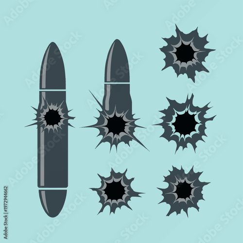 Set of dark grey vector silhouettes featuring two bullet shapes and four jagged bullet hole impact marks, isolated on a light blue background, illustrating ballistic damage and gunshots.