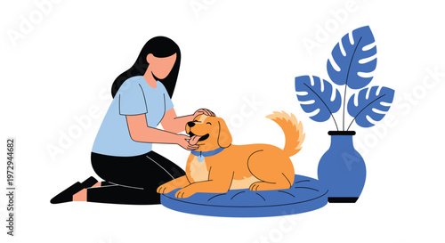 Pet Care Interaction Icon Set Featuring a Person and Dog on a Pet Bed for Pet, Animal, and Wellness Design Projects