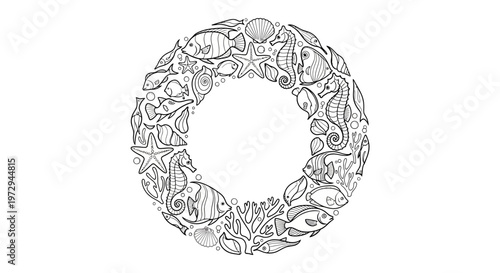 Circular Wreath of Marine Life: Seahorses, Fish, Shells, Starfish, Coral