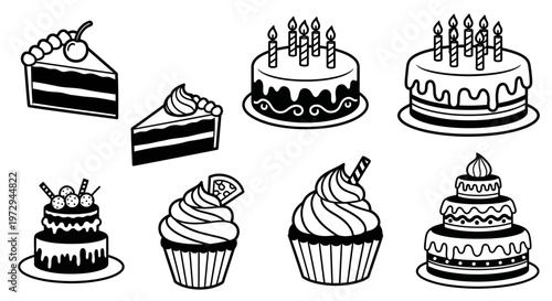 Collection of Birthday Cakes and Cupcakes Icons, Black and White Vector Illustrations