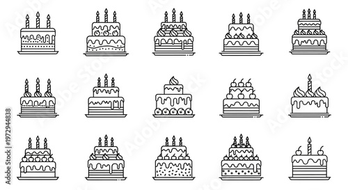 Collection of Birthday Cakes Icons: Celebration Desserts, Sweet Treats, Party Food, Anniversary Sweets