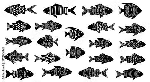 Collection of Decorative Fish Silhouettes with Intricate Patterns