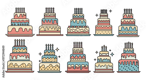 Collection of Festive Birthday Cakes with Candles, Colorful and Decorated