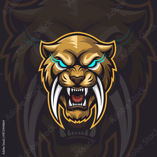Furious saber toothed tiger head with sharp fangs and glowing blue eyes on dark background