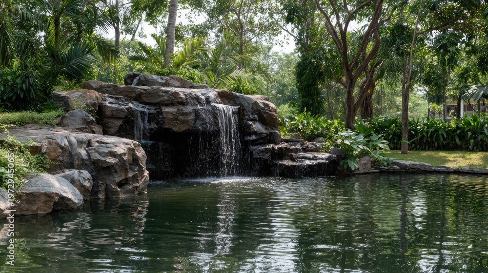 Fototapeta premium Lush natural landscape features cascading water flowing into a still pool surrounded by dense foliage.