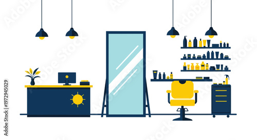 Modern Hair Salon Interior with Styling Chair, Mirror, and Product Shelves