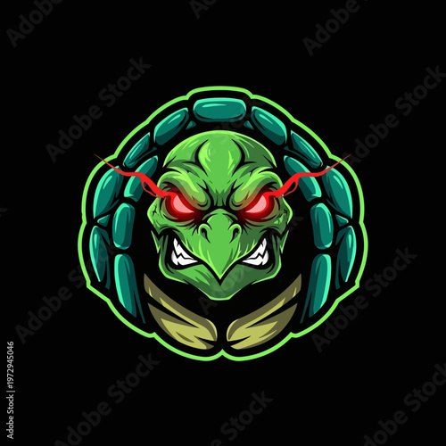Turtle Cartoon Character Green Face Red Eyes Angry Expression Illustration