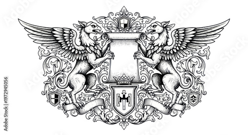 Mythical Griffin Crest Emblem with Scroll and Heraldry, Vintage Design