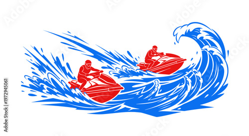 Two jet skis racing on ocean waves, dynamic water sports action, summer fun