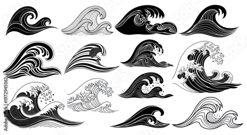 Set of stylized ocean wave illustrations, black and white, vintage Japanese art style