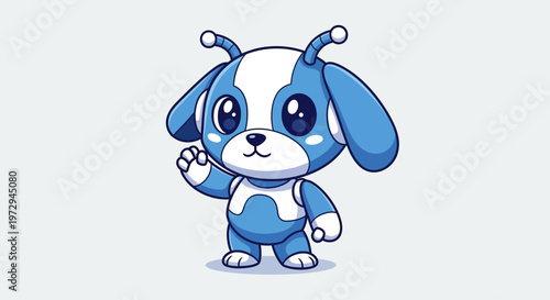 Cute Blue Robot Dog Waving Hello, Cartoon Style, AI Pet Character