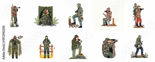 Vector illustration set of wildlife photographers wearing camouflage clothing and using professional camera equipment in various outdoor settings.