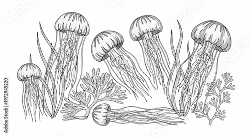 Detailed black and white engraved illustration featuring several jellyfish swimming among underwater plants and seaweed, intricate line art drawing isolated on white background.
