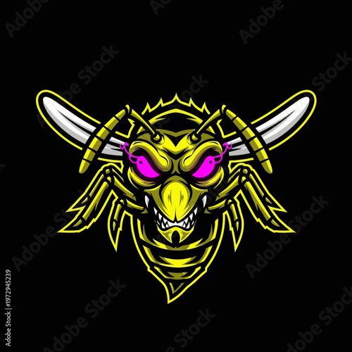 Yellow wasp head with pink eyes and swords on black background