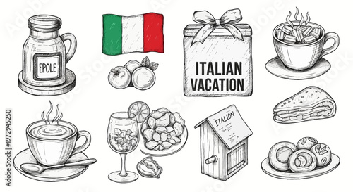 Hand-drawn collection of Italian vacation icons featuring the national flag, cappuccino cups, wine, gift bags, olives, and pastries in a vintage black and white ink sketch style.