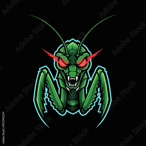 Green Praying Mantis Cartoon Character Illustration with Red Eyes and Fangs on Black Background