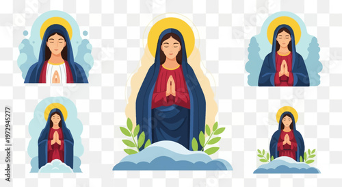 Set of five flat vector illustrations of the Virgin Mary praying, featuring a blue mantle, red tunic, golden halo, and clouds with green foliage on a transparent background.