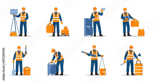 Vector set of industrial construction workers in orange safety vests and hard hats performing various tasks like surveying, carrying toolboxes, and using equipment on a white background.