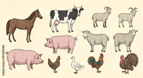 Vintage hand drawn collection of farm animals including a dairy cow, horse, pigs, sheep, goats, rooster, hen, goose, and turkey, isolated on a light background for agriculture design.