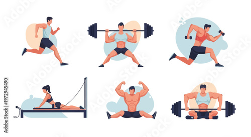 Vector set of muscular men and women exercising: running, lifting heavy barbells, doing lunges with dumbbells, using a Pilates reformer, flexing, and seated weightlifting.
