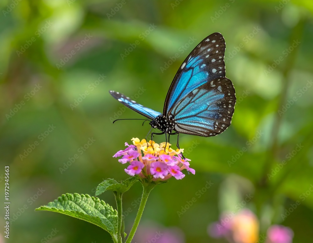 Fototapeta premium A blue butterfly perched on a pink and yellow flower