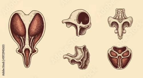 Vintage medical anatomy illustration featuring detailed cross-sections of organ chambers and skeletal bone structures shown in a classical scientific engraving style on beige.