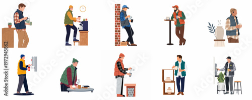 Flat vector illustration collection of men in casual outdoor attire enjoying coffee and tea in various daily life and work settings.