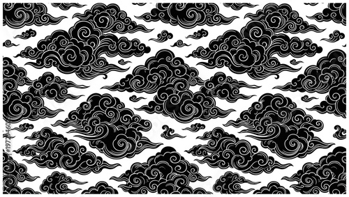 Seamless oriental black cloud ornaments background, vintage Japanese woodblock print style.