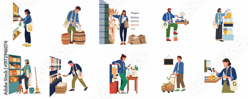 Collection of Illustrations Depicting People Shopping Sustainably at Zero Waste Stores Using Reusable Bags and Bulk Food Dispensers for Eco-Friendly Living